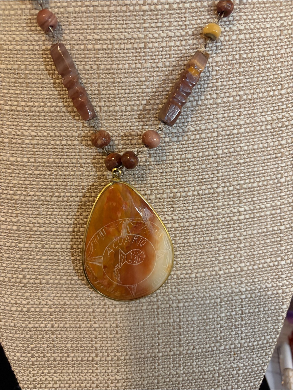 Handmade Brown and Gold-Tone Teardrop Pendant Necklace
